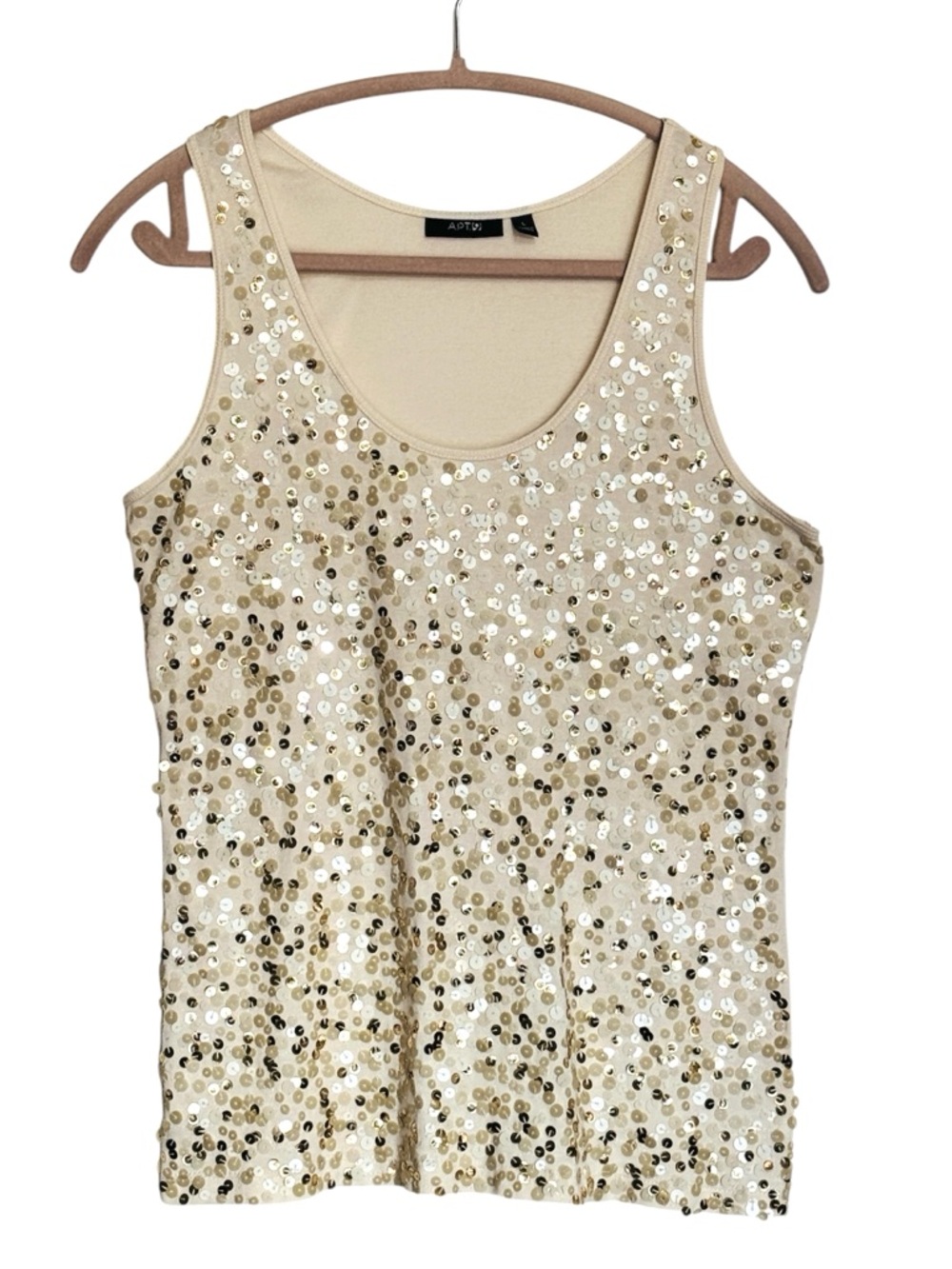 APT 9 Tank top in Cream with Gold Sequins, Cotton / Modal Blend,, Size L
